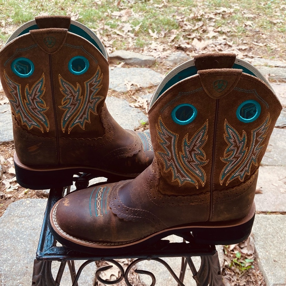 SOLD - different platform Brown and Teal Western Cowboy Boots Fat Baby “Shelia” - Picture 3 of 13